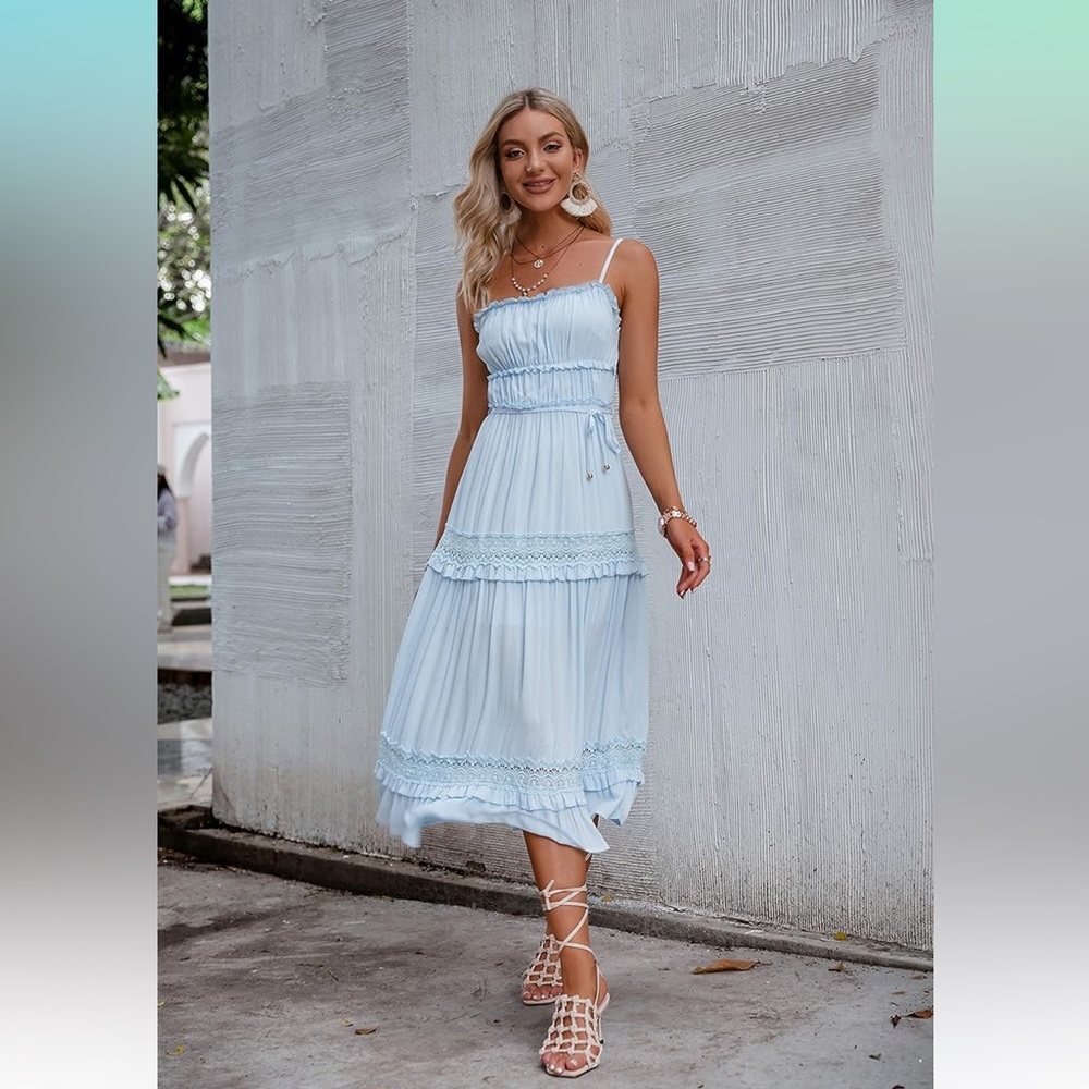 Women’s Blue Summer Boho Spaghetti Strap Casual Long Flowy Dress.
